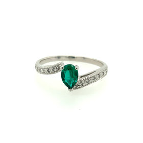 40124 10K WHITE GOLD SYNTHETIC EMERALD PEAR SHAPE DIAMOND MILGRAIN BYPASS DESIGN RING
