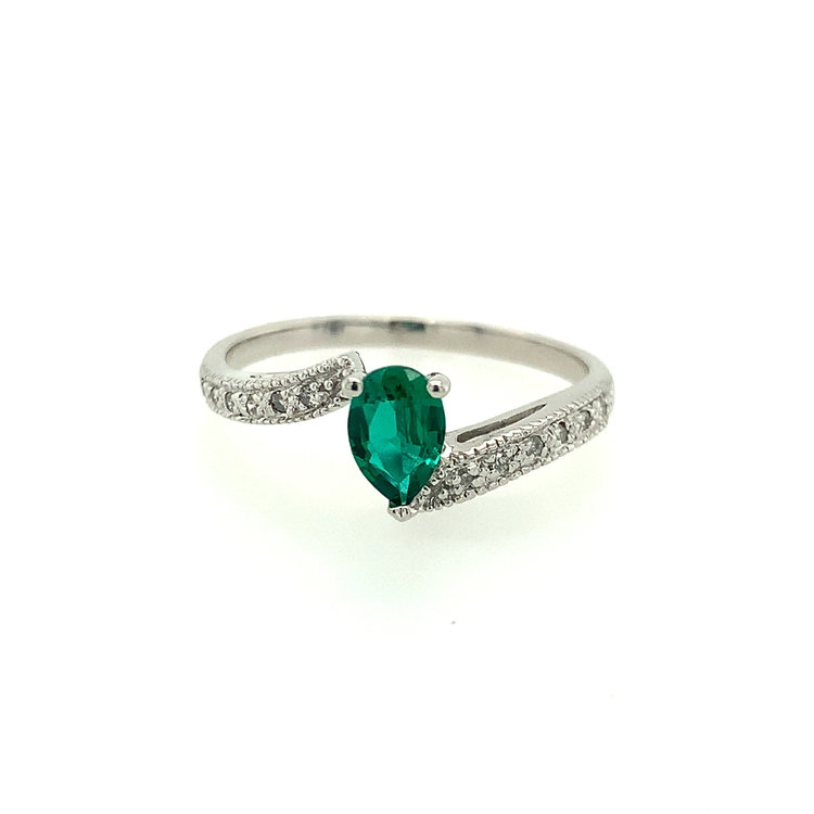 40124 10K WHITE GOLD SYNTHETIC EMERALD PEAR SHAPE DIAMOND MILGRAIN BYPASS DESIGN RING