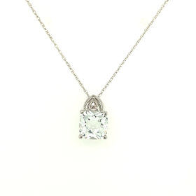 70154 10K WHITE GOLD AQUAMARINE CUSHION SHAPE CHECKERBOARD CUT WITH DIAMOND ARCH PENDANT SET