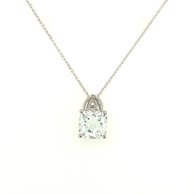 70154 10K WHITE GOLD AQUAMARINE CUSHION SHAPE CHECKERBOARD CUT WITH DIAMOND ARCH PENDANT SET