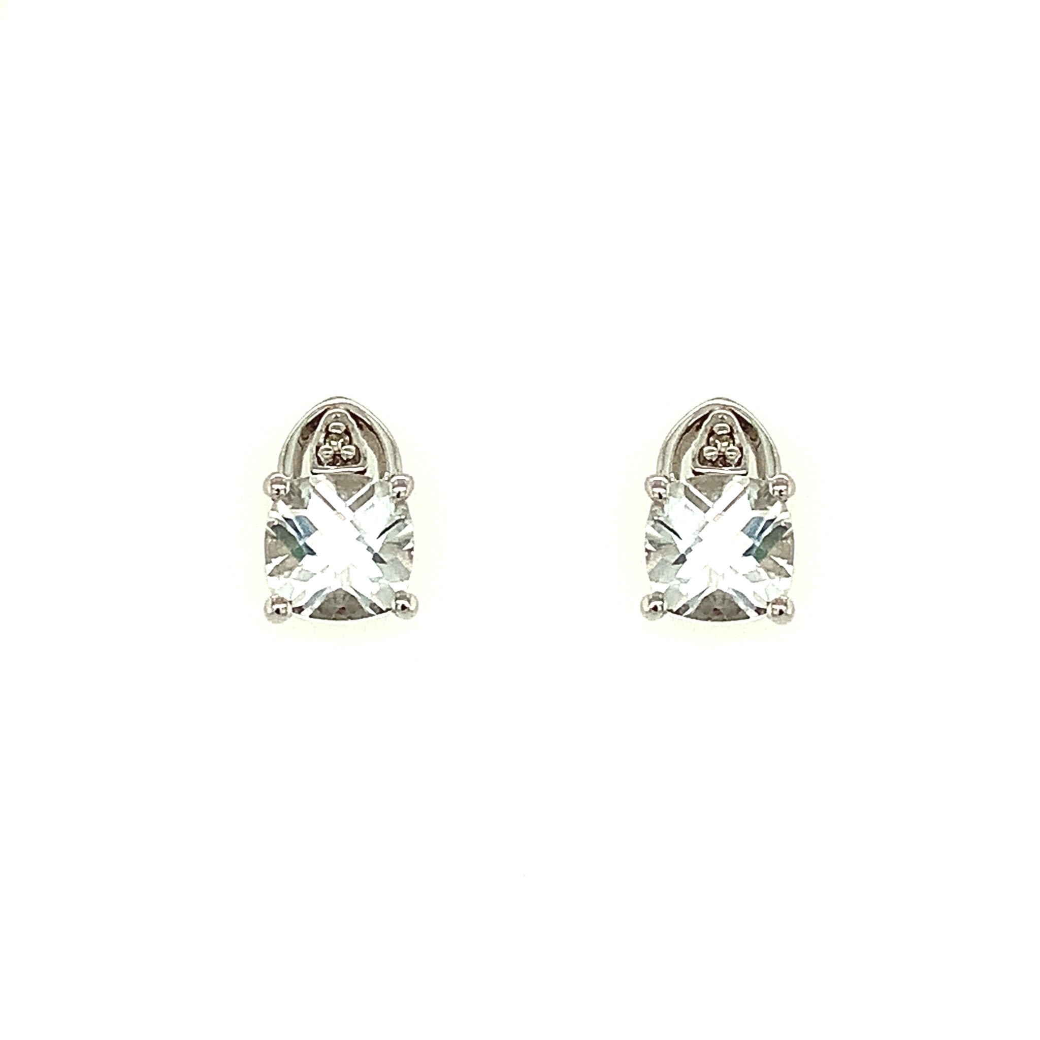 30531 10K WHITE GOLD AQUAMARINE CUSHION SHAPE CHECKERBOARD CUT WITH DIAMOND ARCH STUDS