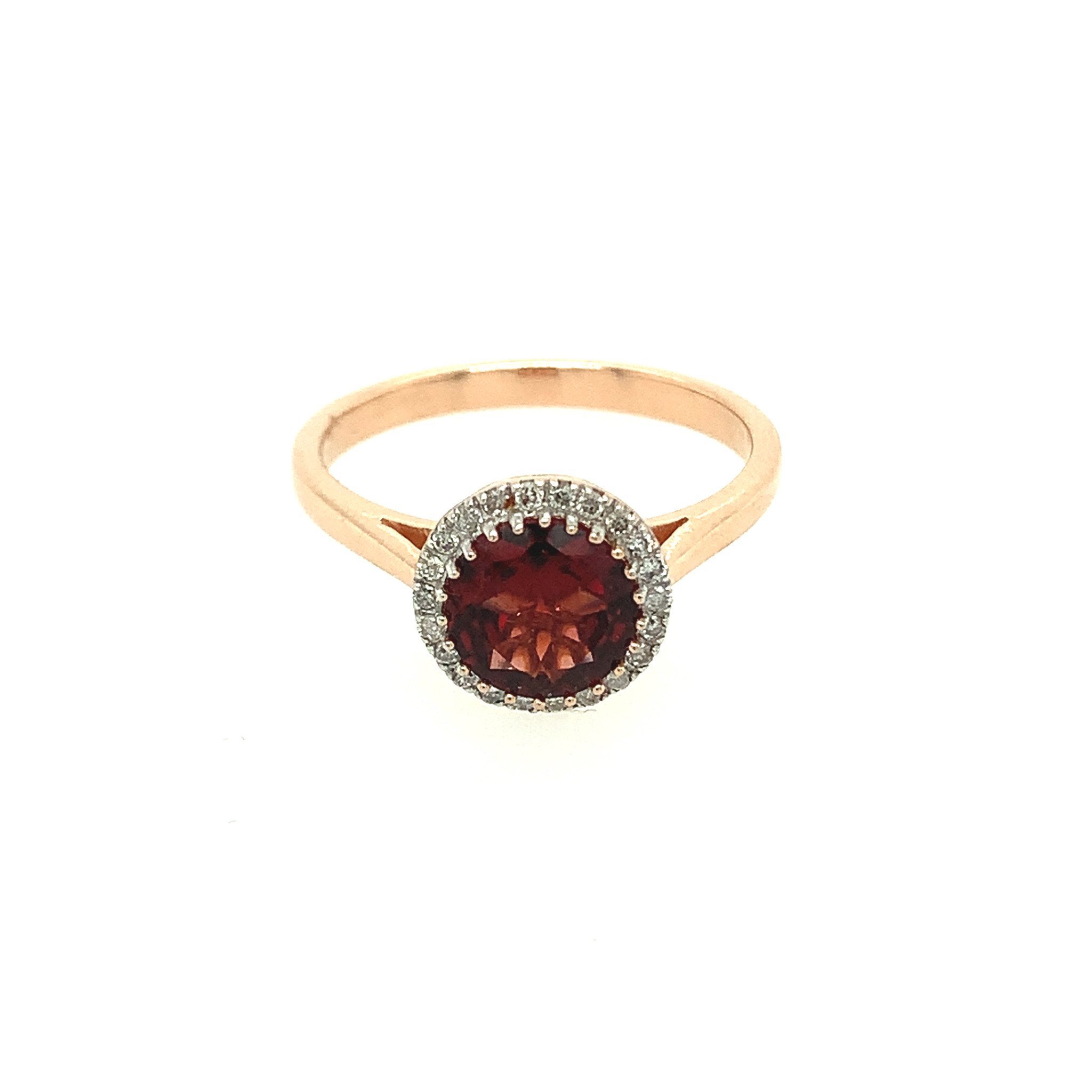 40128 10K ROSE GOLD .15CT DIAMOND HALO & ROUND 7.7MM GARNET LADIES RING