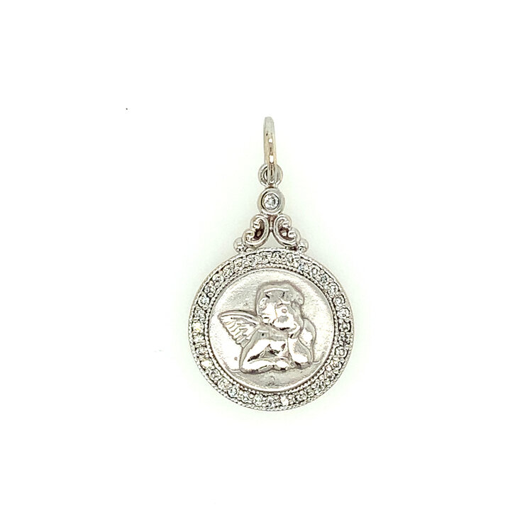 77156 18K WHITE GOLD .20CT DIAMOND HALO & FANCY SETTING WITH SATIN & ANGEL RELIGIOUS MEDAL
