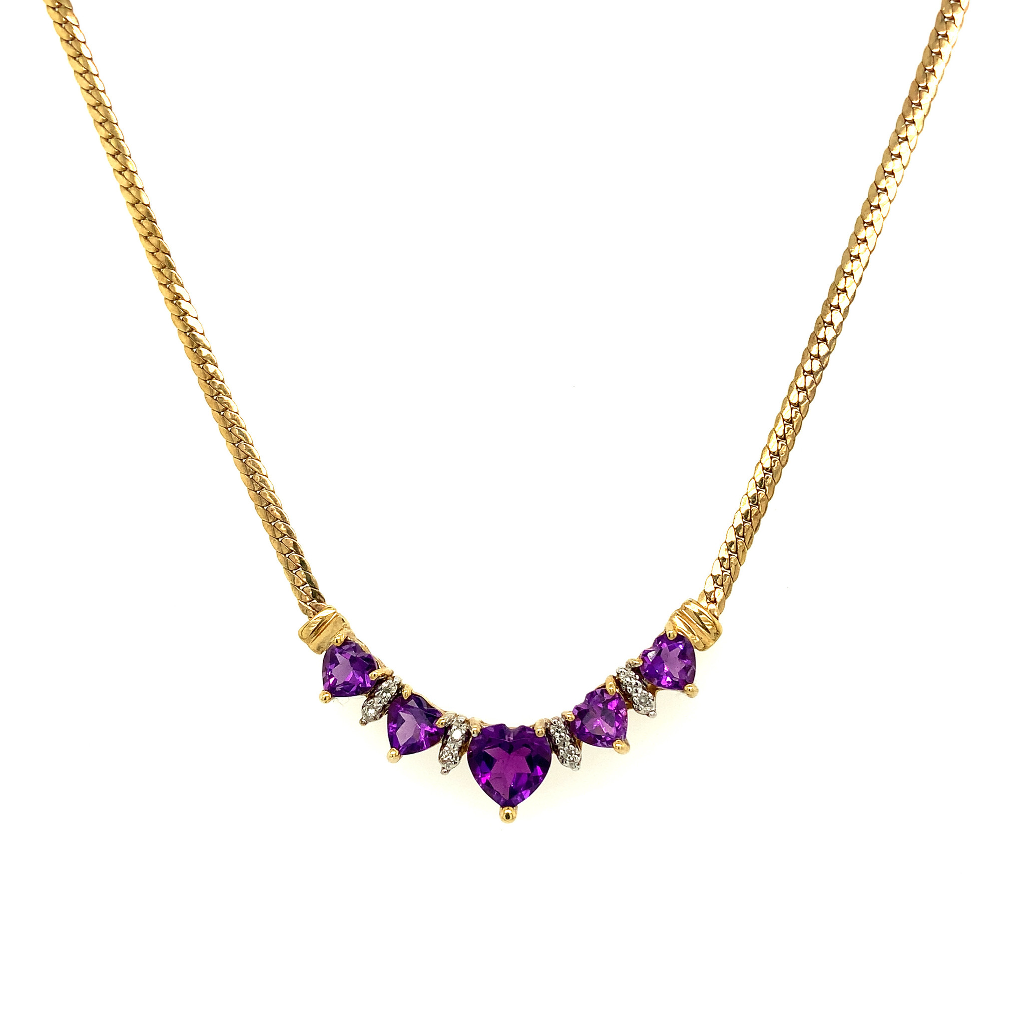 60036 10K YELLOW GOLD FANCY CURVED DIAMOND AND 5 AMETHYST HEART ON TIGHT CUBAN CHAIN NECKLACE