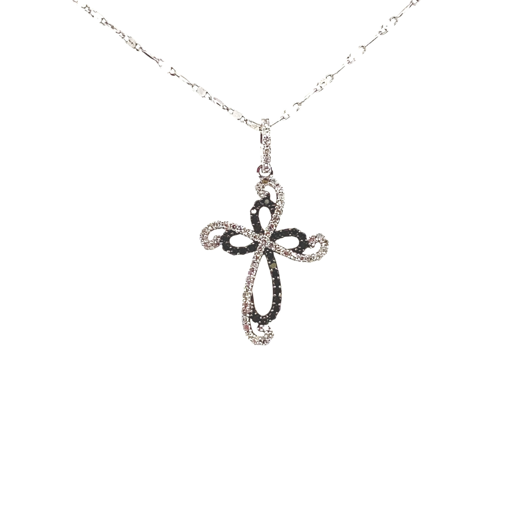 70065 14K WHITE GOLD .30CT DIAMOND PAVE SET WHITE AND BLACK SWIRL OPEN CROSS SET