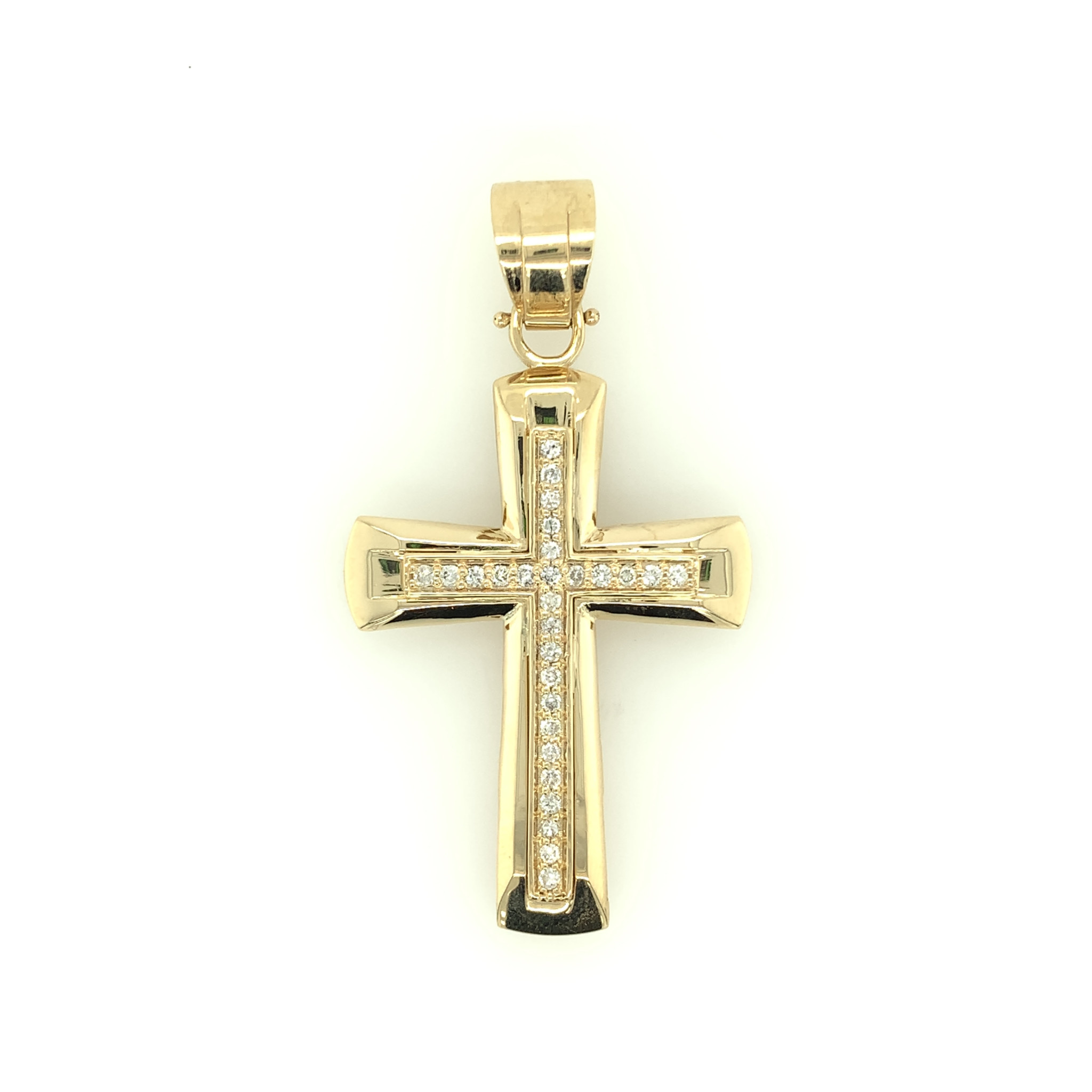 77163 14K YELLOW GOLD 2" .42TCW DIAMOND CENTER ROUNDED FLARED CROSS CHARM