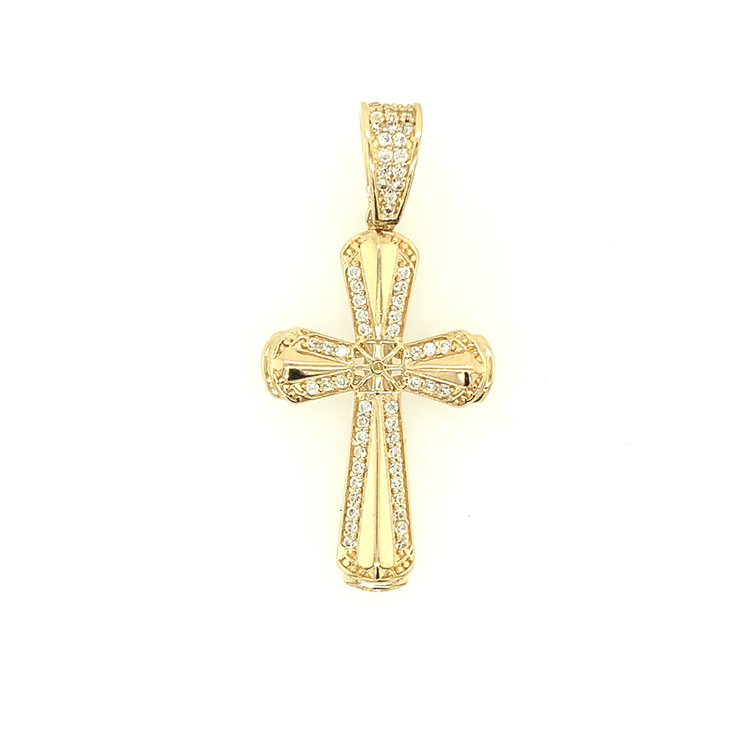 77159 14K YELLOW GOLD PAVE CUBIC ZIRCONIA DESIGN WITH HIGH POLISH CENTER ROUNDED EDGES CROSS CHARM