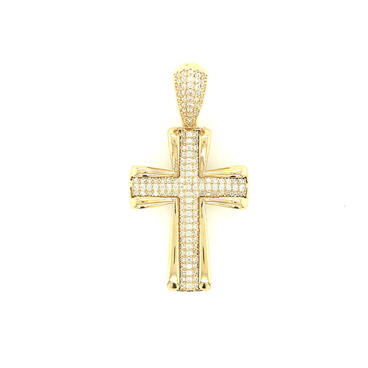 77162 14K YELLOW GOLD FLARED HIGH POLISH BORDER WITH PAVE CUBIC ZIRCONIA CROSS CHARM