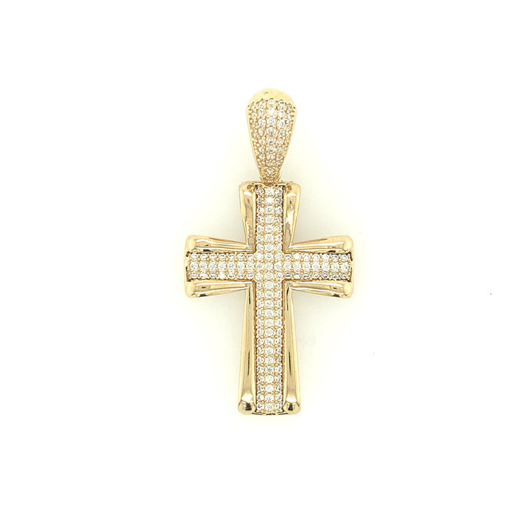 77162 14K YELLOW GOLD FLARED HIGH POLISH BORDER WITH PAVE CUBIC ZIRCONIA CROSS CHARM