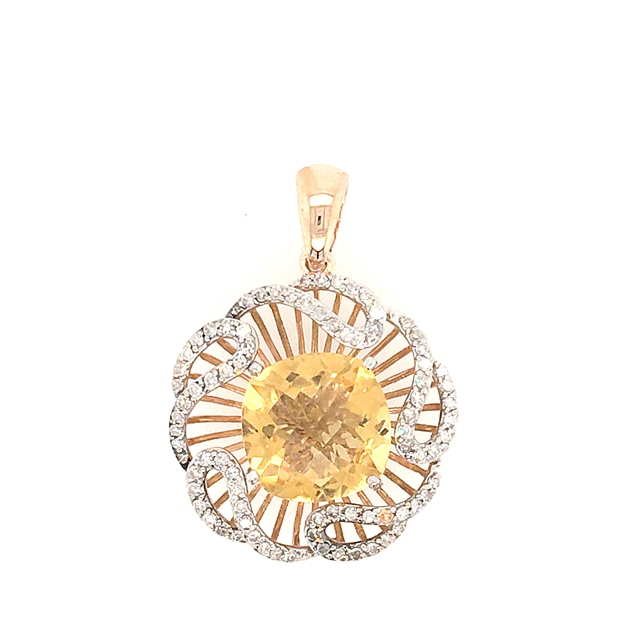 70047 14K YELLOW GOLD .50TCW DIAMOND FLORAL HALO AND CITRINE CUSHION CUT CENTER ON 16" WHEAT CHAIN (18K) PENDANT