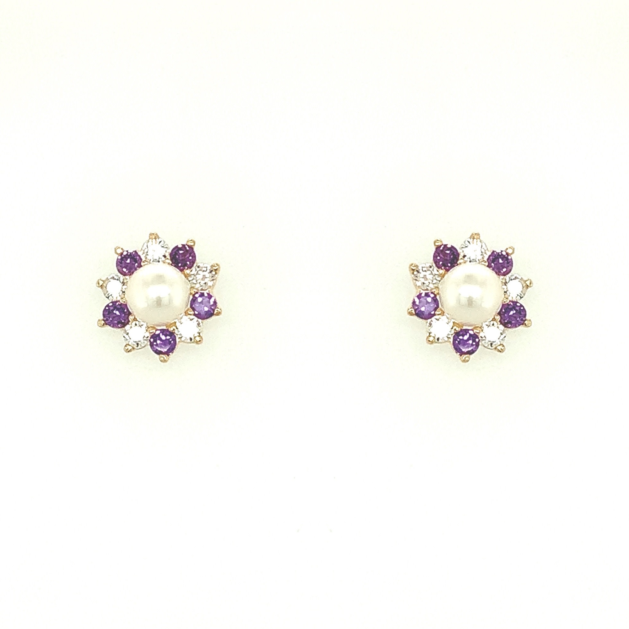 30537 14K YELLOW GOLD PEARL CENTER WITH PURPLE AND WHITE FLORAL HALO SCREW BACK STUDS