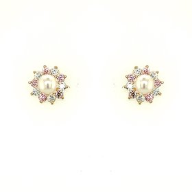 30536 14K YELLOW GOLD PEARL CENTER WITH PINK AND WHITE FLORAL HALO SCREW BACK STUDS