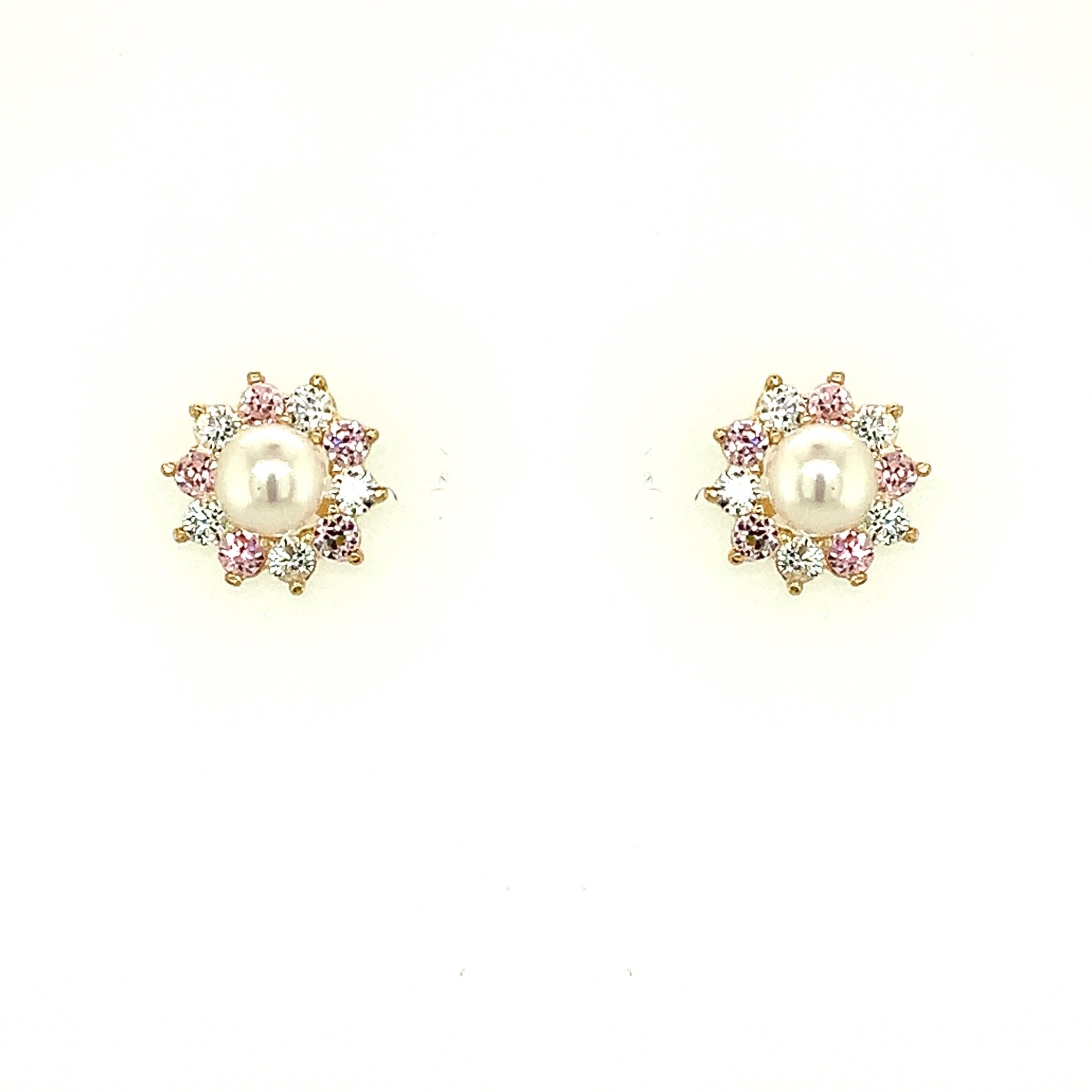30536 14K YELLOW GOLD PEARL CENTER WITH PINK AND WHITE FLORAL HALO SCREW BACK STUDS
