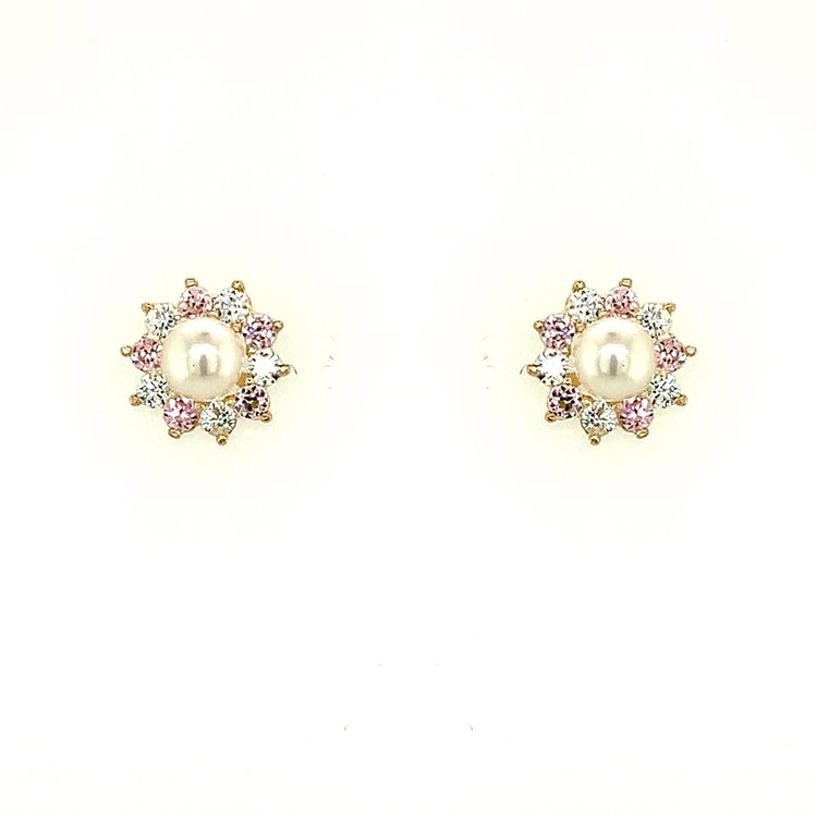 30536 14K YELLOW GOLD PEARL CENTER WITH PINK AND WHITE FLORAL HALO SCREW BACK STUDS