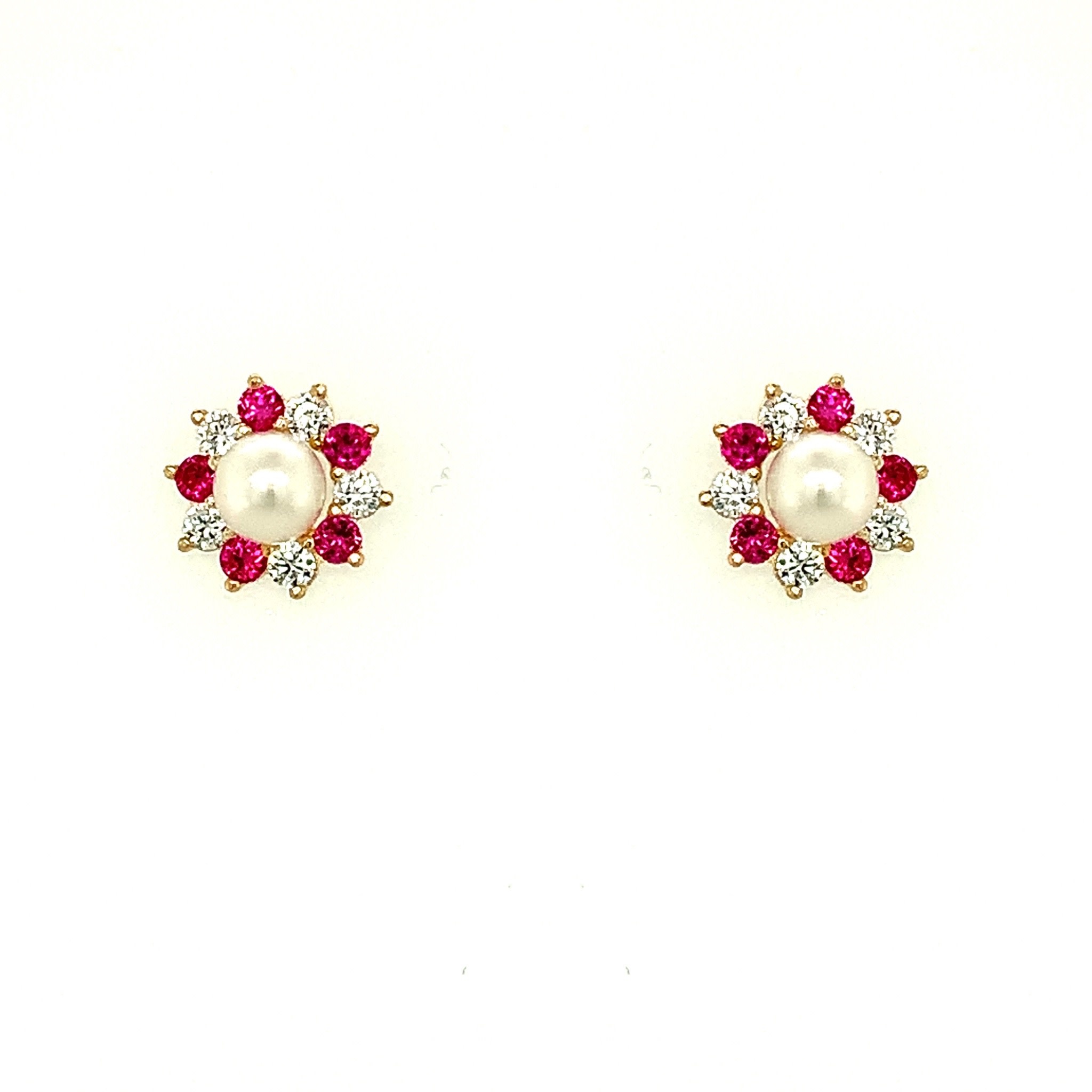 30541 14K YELLOW GOLD PEARL CENTER WITH FUCHSIA AND WHITE FLORAL HALO SCREW BACK STUDS