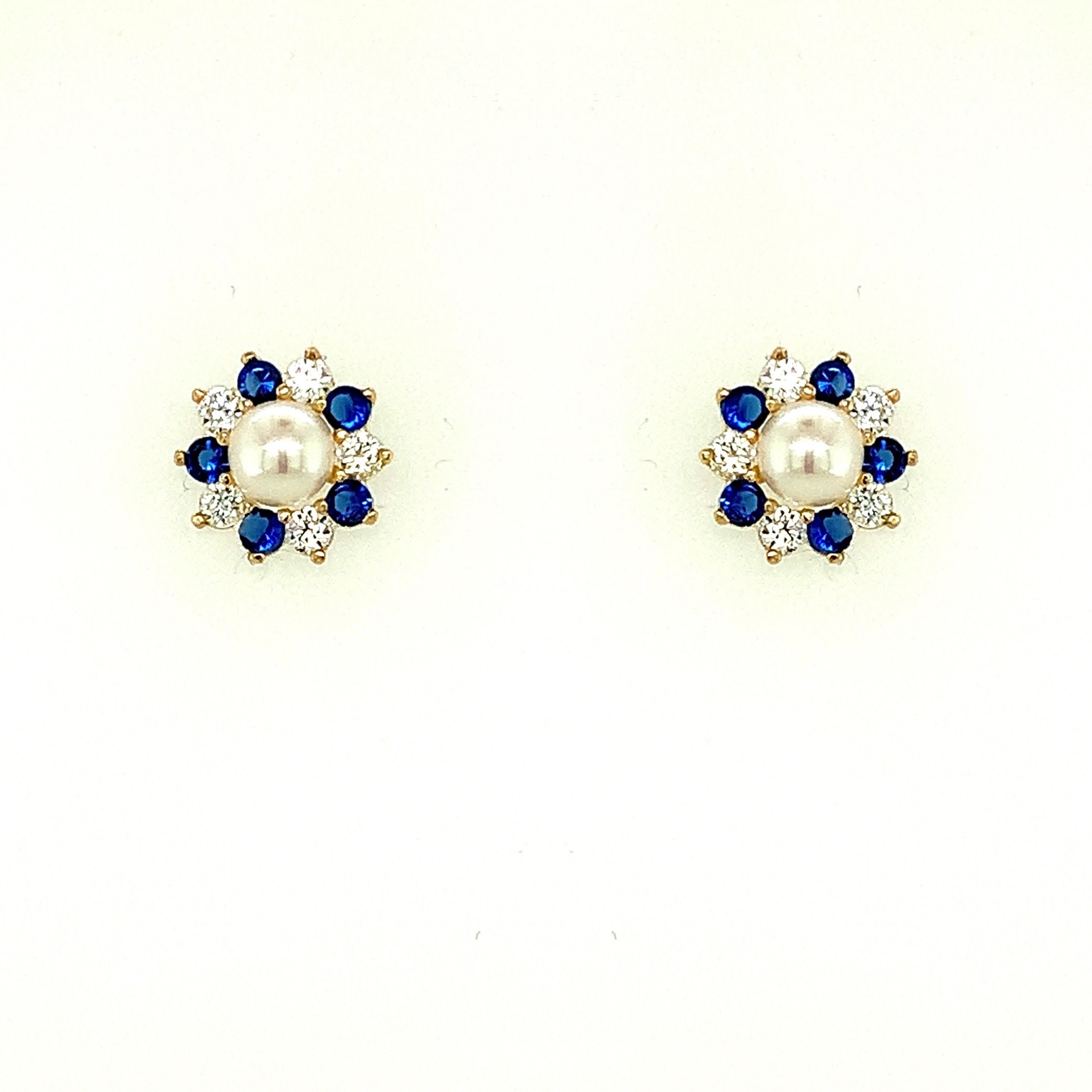 30540 14K YELLOW GOLD PEARL CENTER WITH BLUE AND WHITE FLORAL HALO SCREW BACK STUDS