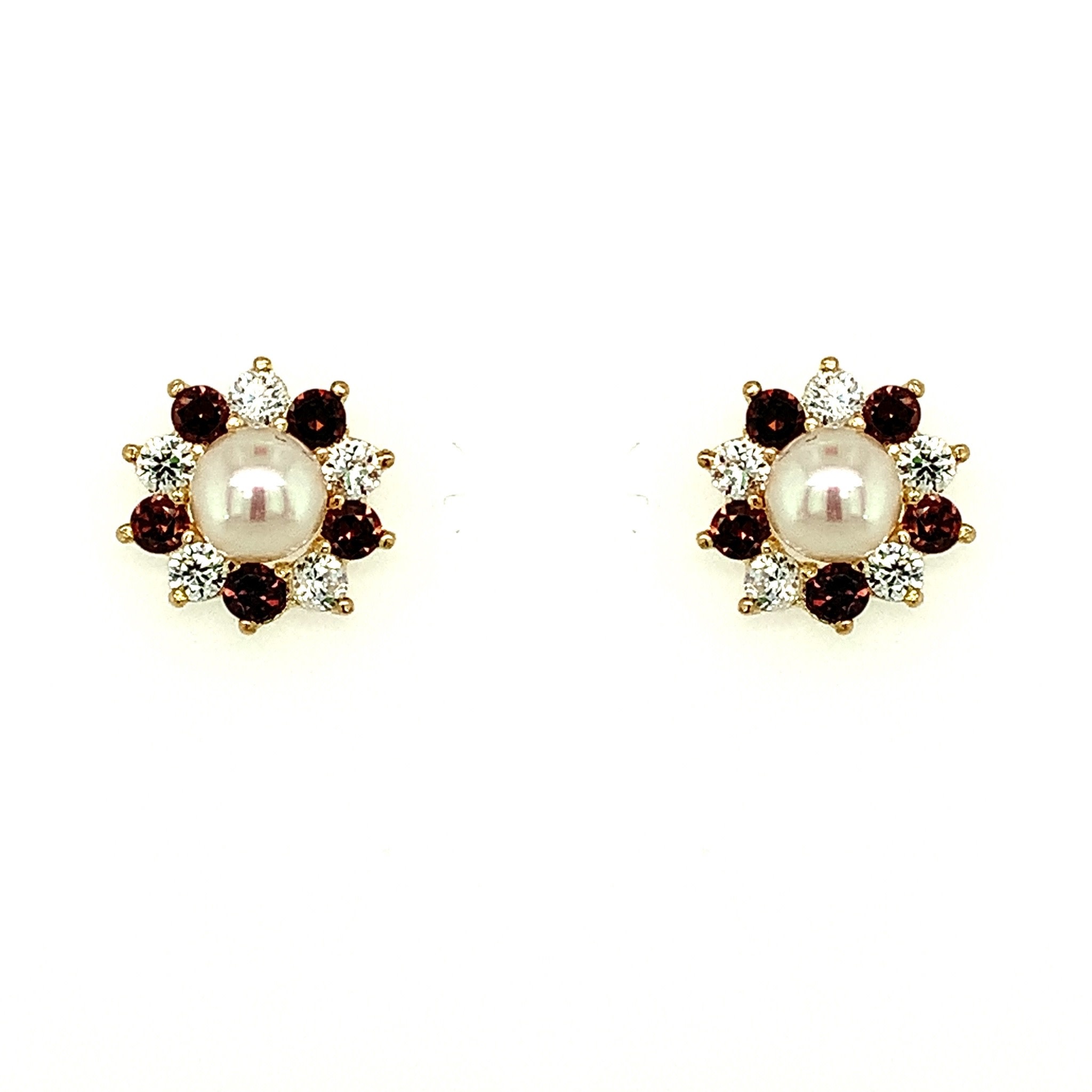 30538 14K YELLOW GOLD PEARL CENTER WITH CHOCOLATE AND WHITE FLORAL HALO SCREW BACK STUDS