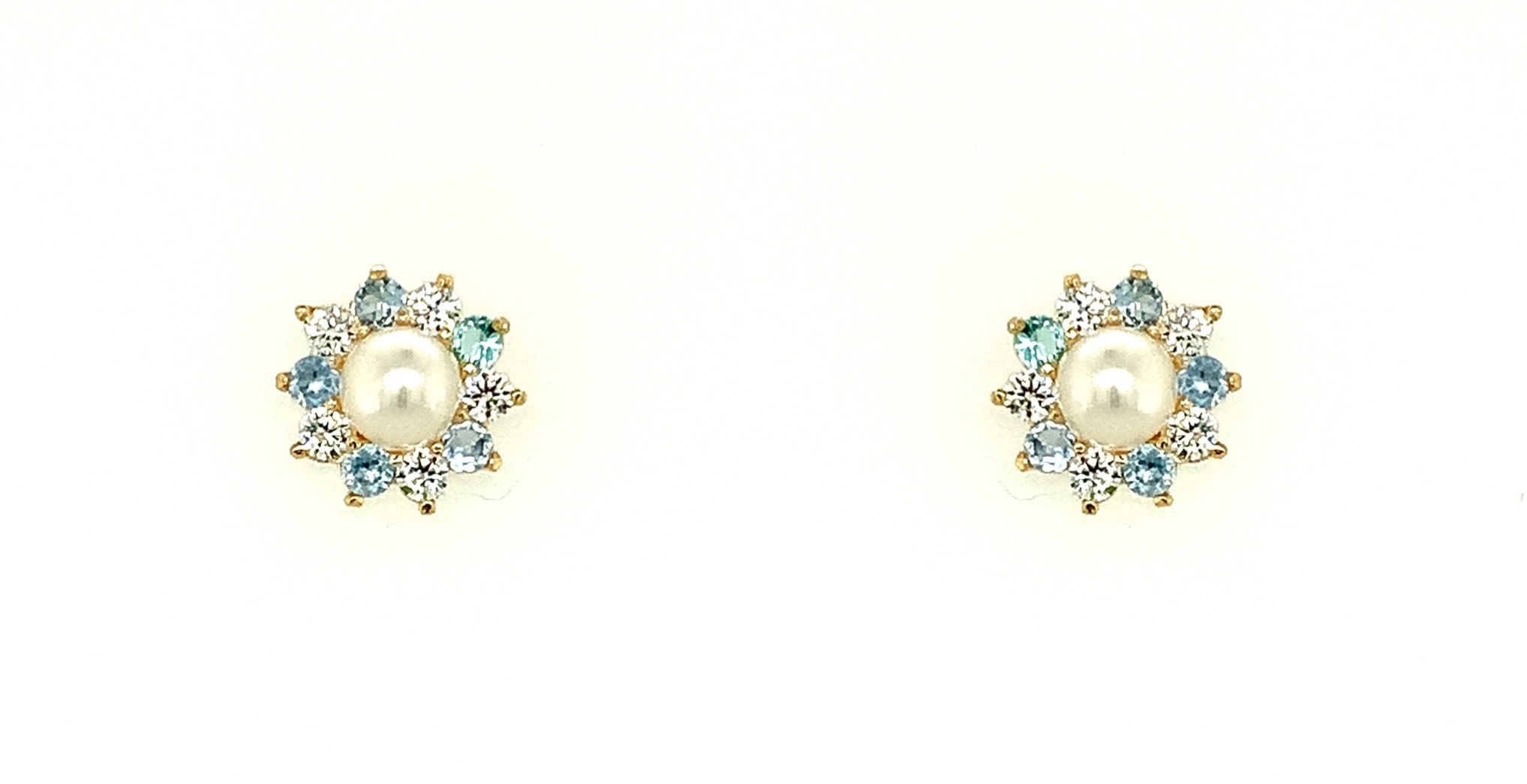 30539 14K YELLOW GOLD PEARL CENTER WITH LIGHT BLUE AND WHITE FLORAL HALO SCREW BACK STUDS