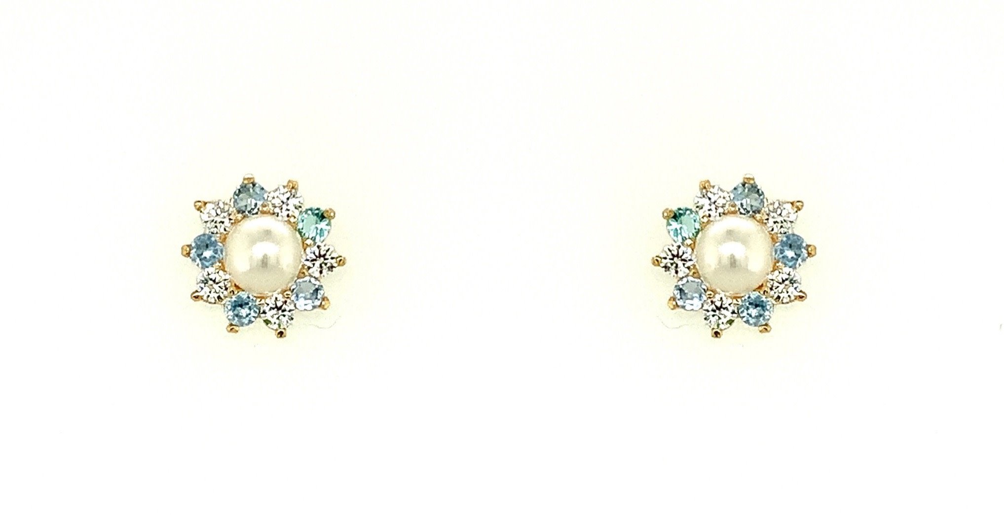 30539 14K YELLOW GOLD PEARL CENTER WITH LIGHT BLUE AND WHITE FLORAL HALO SCREW BACK STUDS