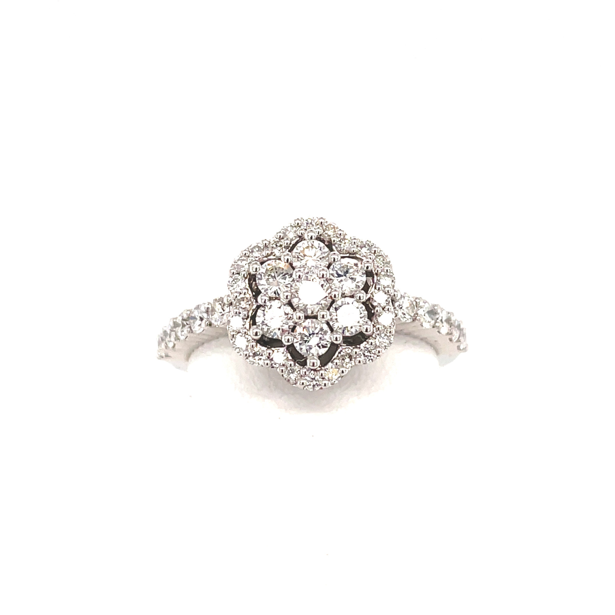 477965 18K WHITE GOLD 1CT DIAMOND CLUSTER FLOWER CENTER WITH HALO AND DIAMOND SHANK RING