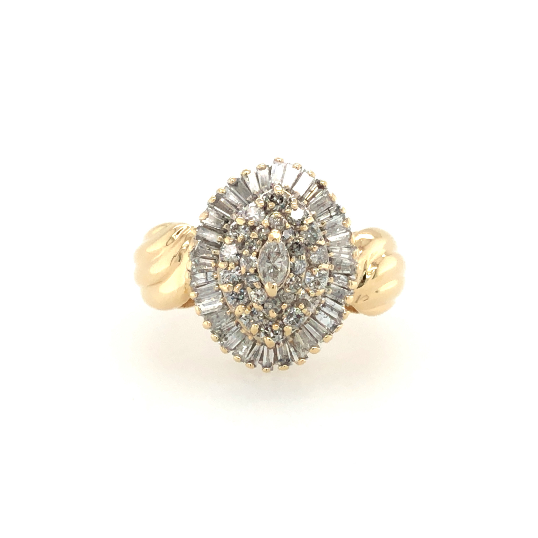 40952 14K YELLOW GOLD 1.25TCW BAGUETTE ROUND DIAMOND CLUSTER OVAL SHAPED RING