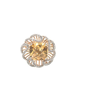 40035 14K YELLOW GOLD .50TCW CUSHION CUT CITRINE CENTER FLORAL DIAMOND HALO RING