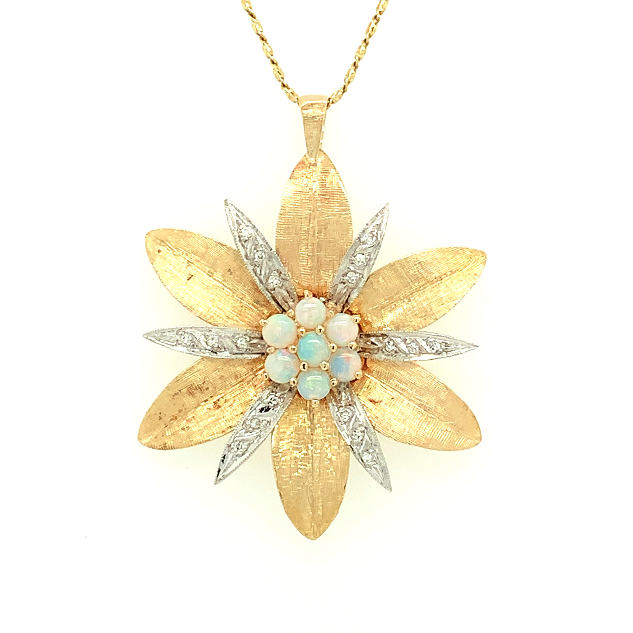70067 14K 2 TONE .18TCW DIAMOND AND OPALS BRUSH AND HIGH POLISH FINISHING 1.7" FLOWER PENDANT SET