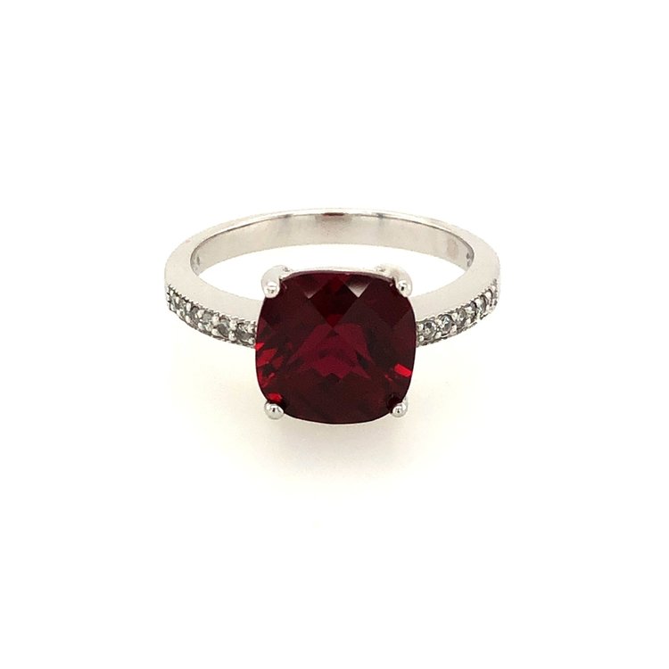 40134 10K WHITE GOLD CUSHION SHAPE 9MM SYNTHETIC GARNET WITH .08TCW DIAMOND SHANK RING