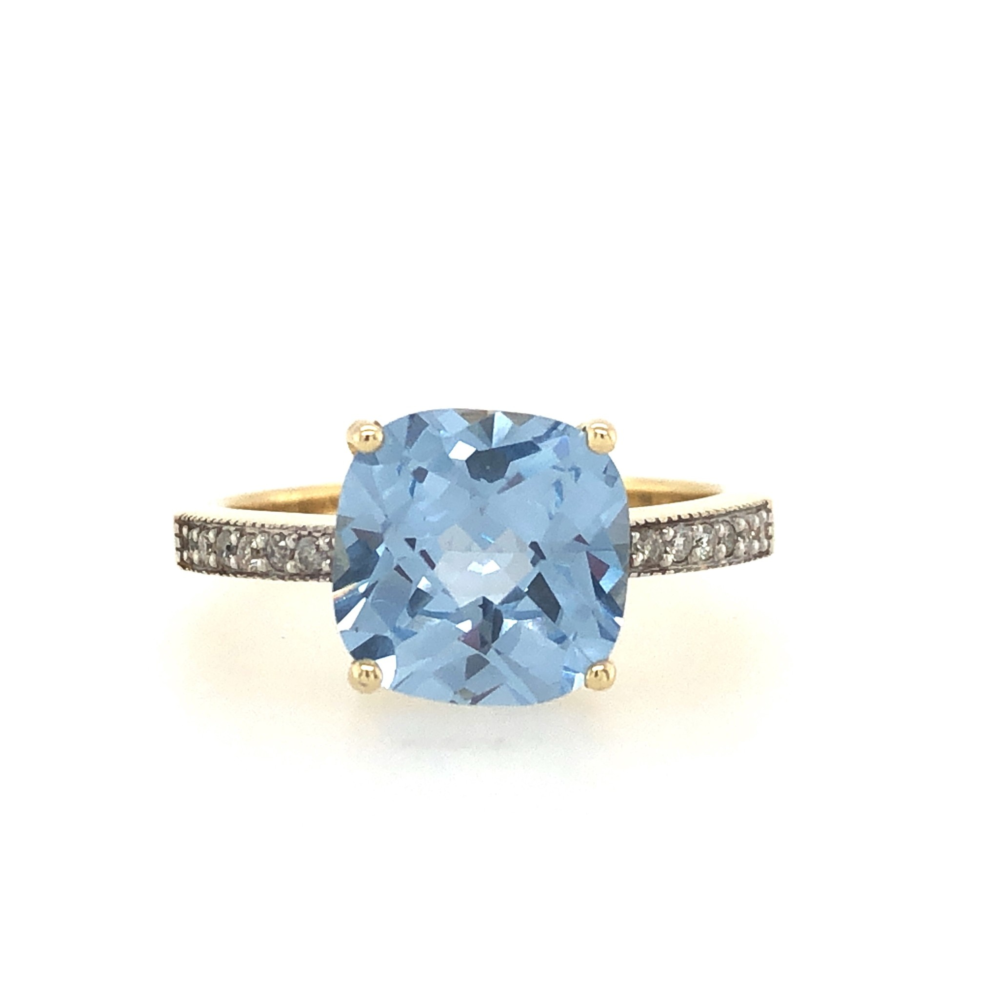 40135 10K YELLOW GOLD CUSHION SHAPE 9MM SYNTHETIC AQUAMARINE WITH .08TCW DIAMOND SHANK RING