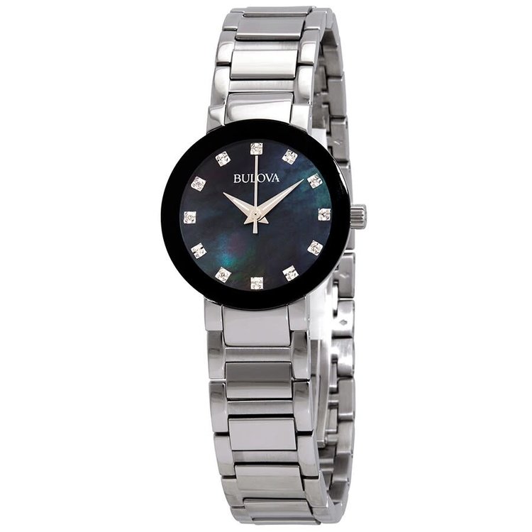 BULOVA WOMENS BLACK DIAL DIAMOND MARKER STAINLESS STEEL WATCH