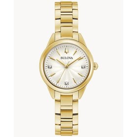 BULOVA SILVER WHITE DIAL 3 DIAMOND MARKERS GOLD TONE LADIES WATCH