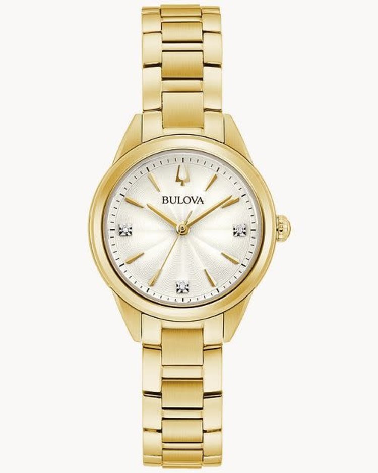 BULOVA SILVER WHITE DIAL 3 DIAMOND MARKERS GOLD TONE LADIES WATCH