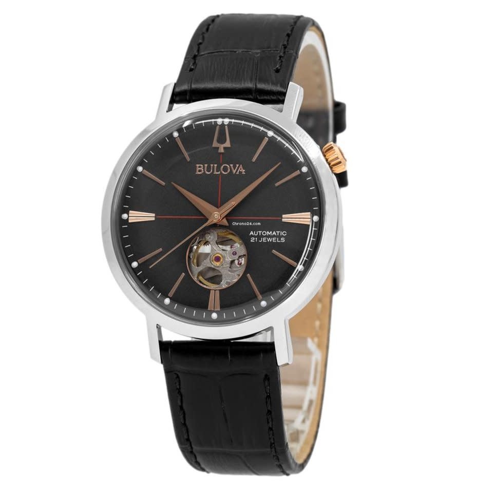 Bulova BULOVA GREY DIAL WITH ROSE GOLD MARKERS AND BLACK LEATHER BAND MENS AUTOMATIC WATCH