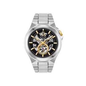 Bulova BULOVA BLACK AND GOLD TONE OPEN APERTURE DIAL AUTOMATIC MENS WATCH