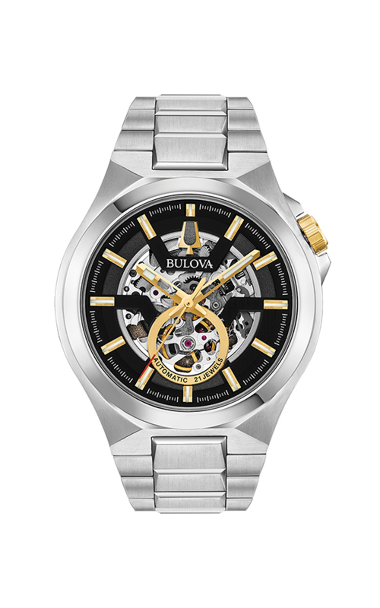 Bulova BULOVA BLACK AND GOLD TONE OPEN APERTURE DIAL AUTOMATIC MENS WATCH
