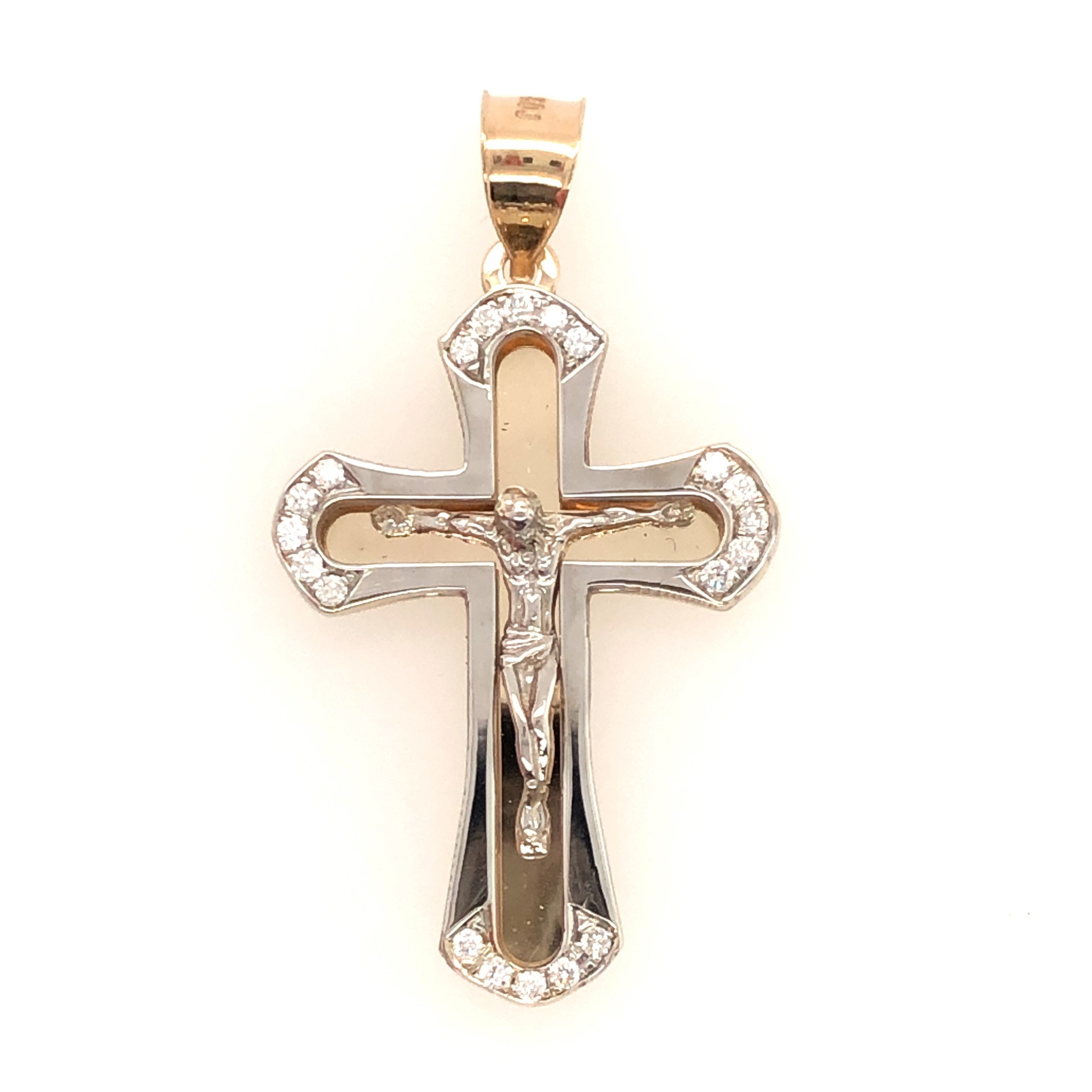 77165 14K 2 TONE .20TCW DIAMOND EDGES MIRROR BACK CRUCIFIX 1.75"