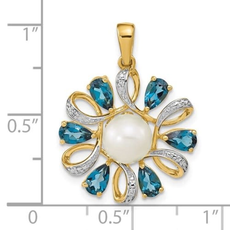 70158 14K TWO TONE GOLD 6.83MM FRESHWATER CULTURED PEARL BLUE LONDON TOPAZ  DIAMOND PENDANT SET