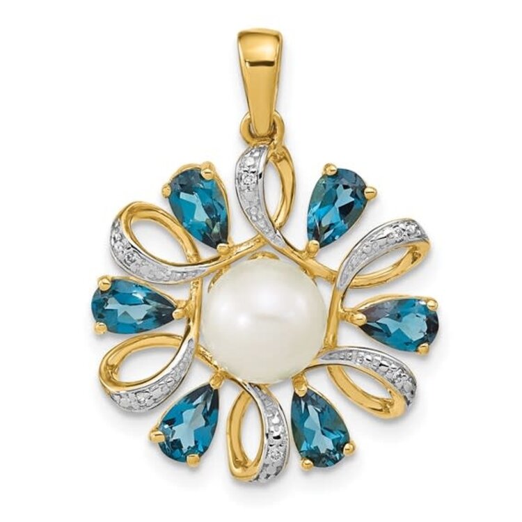 70158 14K TWO TONE GOLD 6.83MM FRESHWATER CULTURED PEARL BLUE LONDON TOPAZ  DIAMOND PENDANT SET