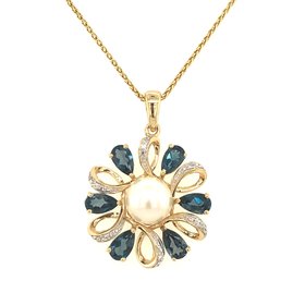 70158 14K TWO TONE GOLD 6.83MM FRESHWATER CULTURED PEARL BLUE LONDON TOPAZ  DIAMOND PENDANT SET