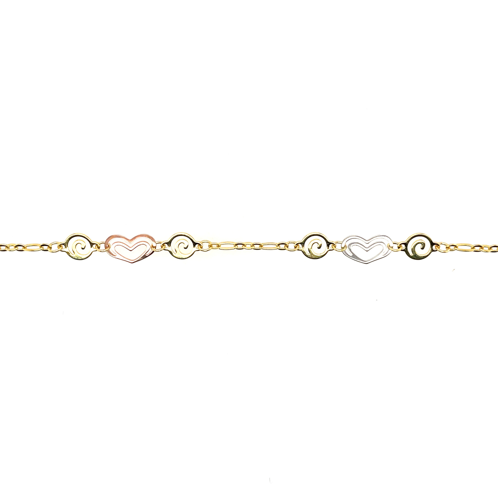 20020 14K TRICOLOR DIAMOND CUT OPEN HEART AND SPIRAL CIRCLE LINK ANKLET