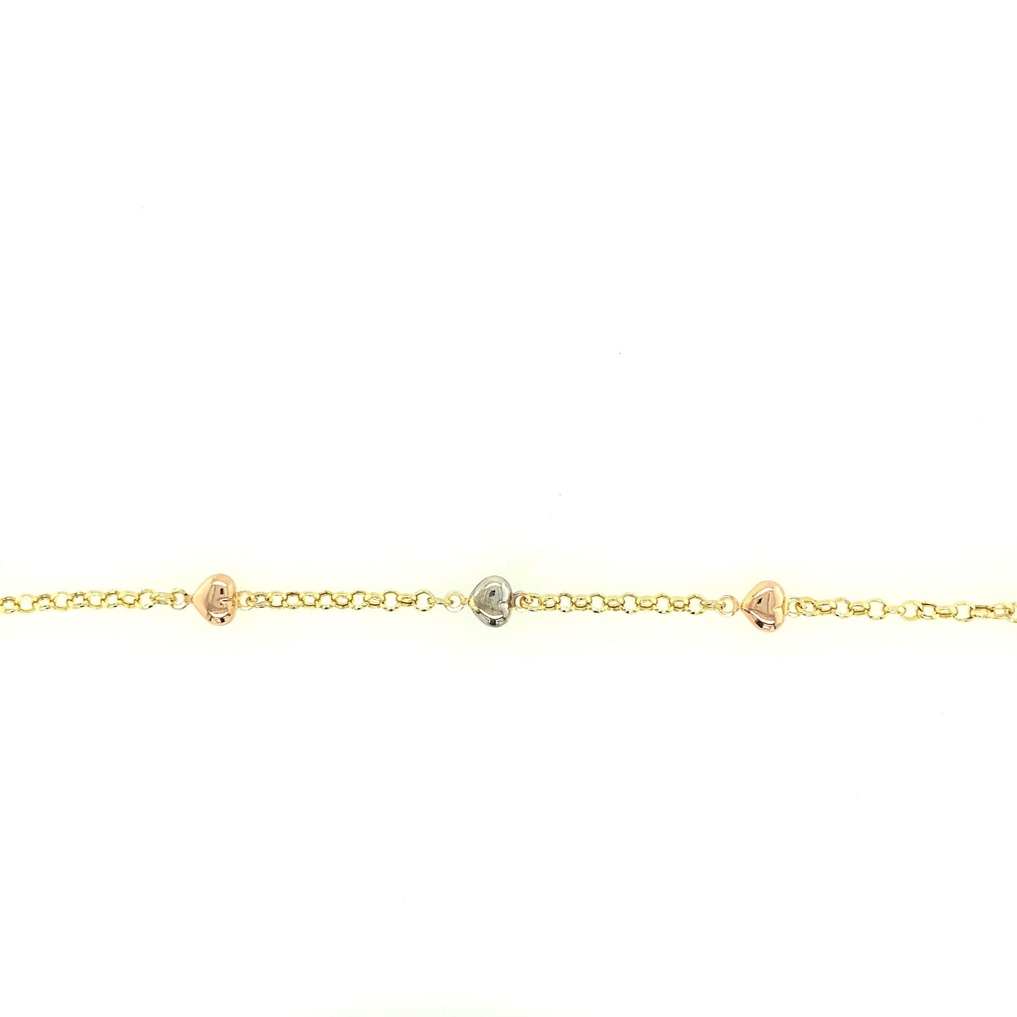 20052 14K TRI COLOR PUFFY HEART ROLO LINK ANKLET