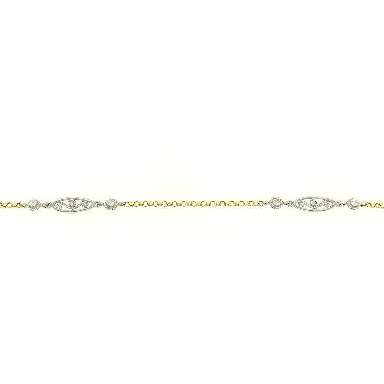 27502 14K 2 TONE ROLO LINK FILIGREE DIAMOND CUT MARQUIS DESIGN ANKLET