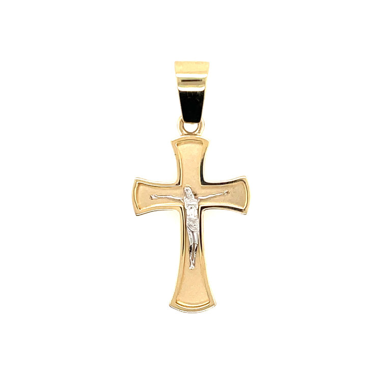 77169 14K 2 TONE 1” SATIN FINISH BACKGROUND WITH HIGH POLISH RAISED BORDER CRUCIFIX CHARM