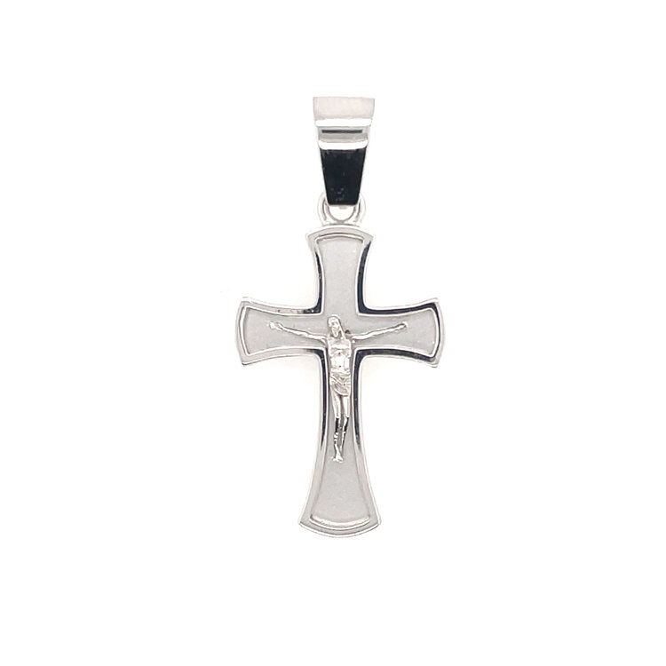 77170 14K WHITE GOLD 1” SATIN BACKGROUND WITH RAISED HIGH POLISH BORDER CRUCIFIX CHARM