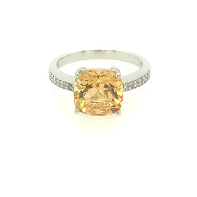 40136 10K WHITE GOLD CUSHION SHAPE 9MM SYNTHETIC CITRINE WITH .08TCW DIAMOND SHANK RING