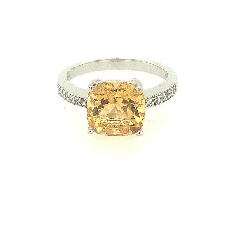 40136 10K WHITE GOLD CUSHION SHAPE 9MM SYNTHETIC CITRINE WITH .08TCW DIAMOND SHANK RING