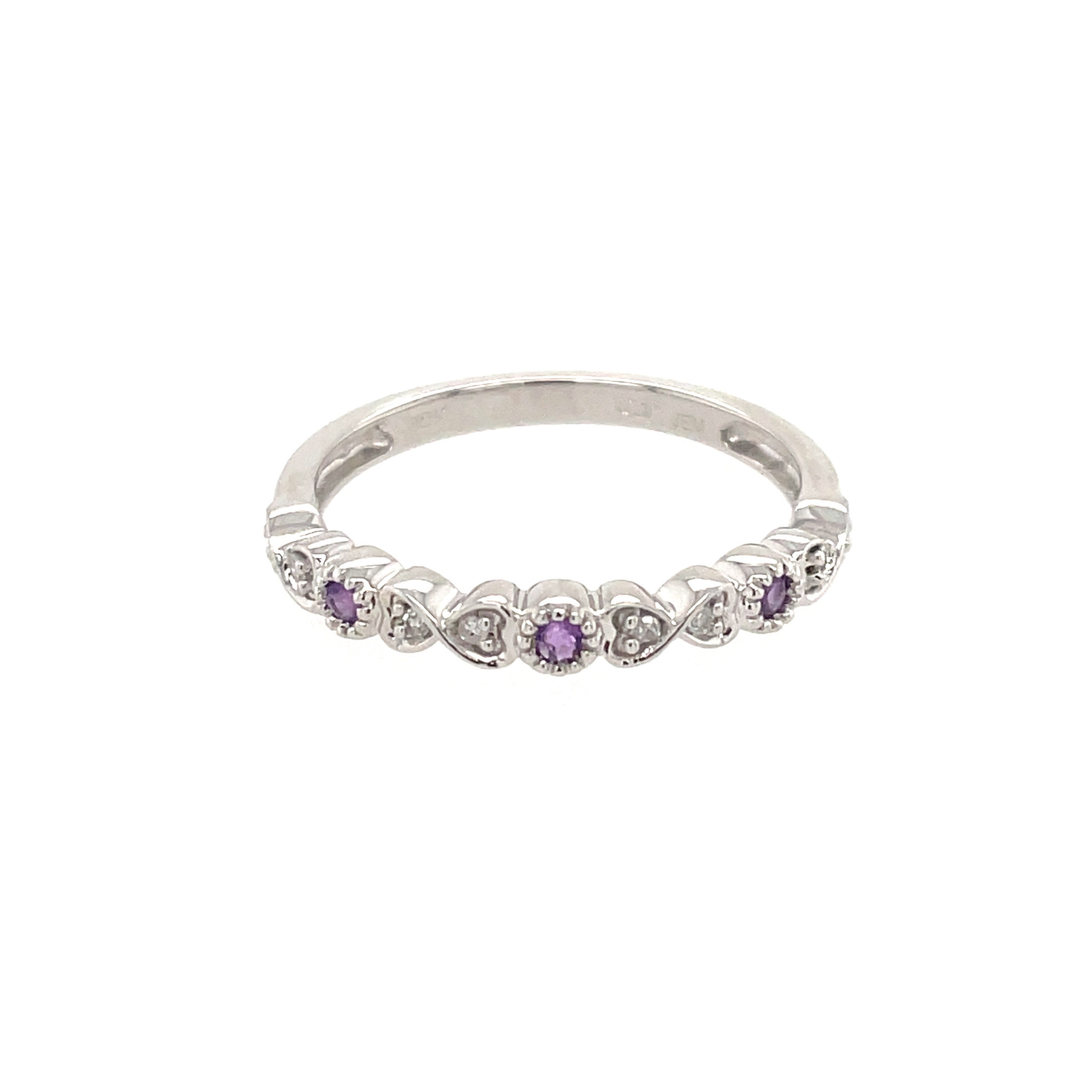 40148 10K WHITE GOLD .10TCW DIAMOND AMETHYST BIRTHSTONE HEART SHAPE INFINITY DESIGN STACKABLE RING