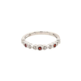 40147 10K WHITE GOLD .10TCW DIAMOND GARNET BIRTHSTONE HEART SHAPE INFINITY DESIGN STACKABLE RING