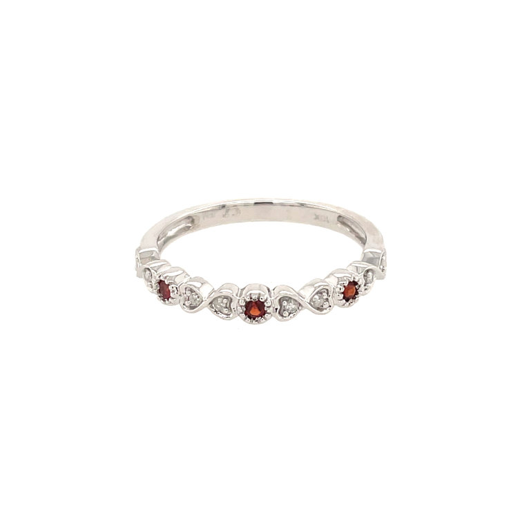 40147 10K WHITE GOLD .10TCW DIAMOND GARNET BIRTHSTONE HEART SHAPE INFINITY DESIGN STACKABLE RING
