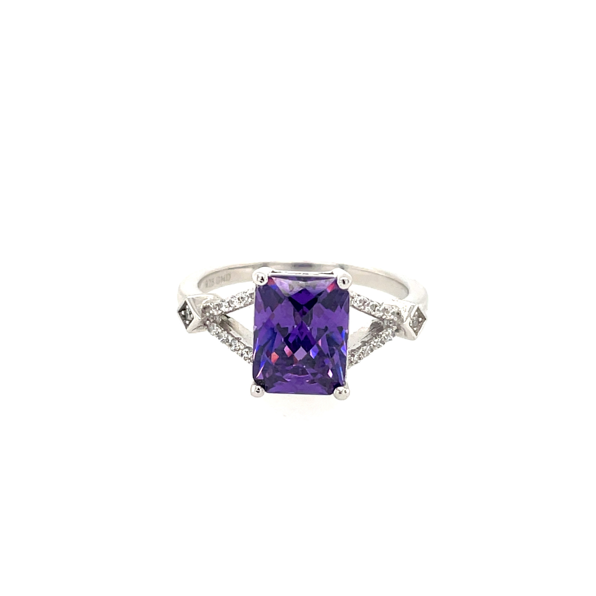 80043 STERLING SILVER AMETHYST RADIANT CHECKERBOARD CUT CENTER WITH CUBIC ZIRCONIA SPLIT BAND RING 80043 STERLING SILVER AMETHYST RADIANT CHECKERBOARD CUT CENTER WITH CUBIC ZIRCONIA SPLIT BAND RING